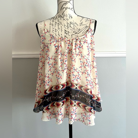Express Tops - Express Light Bohemian Cream & Floral Print Tank Top sheer overlay small EUC